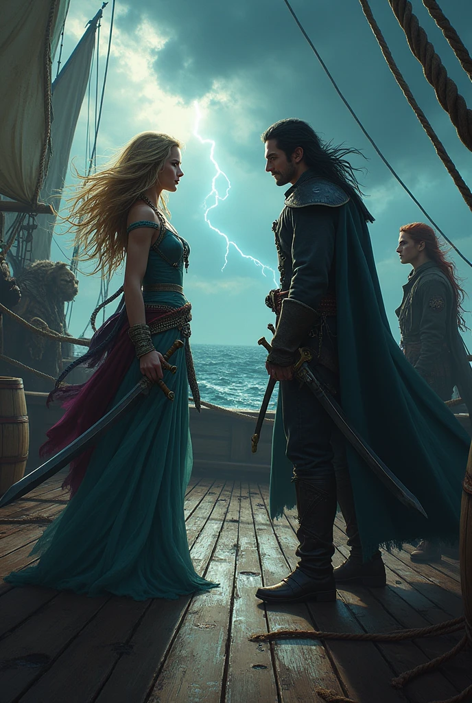 Create a dramatic scene on the deck of a pirate ship under a stormy sky with dark clouds and lightning in the background. **Apocalypse** stands at the center, her long golden hair whipping in the wind, wearing practical yet elegant pirate attire that reflects her noble origins. Her eyes, one deep lilac and the other cyan blue, are fierce and determined as she holds a sword at her side. To her right stands **Cyrus Voss Grimhart**, tall and imposing, with a cold and calculating expression, dressed in dark, aristocratic clothing that hints at his wealthy background. His black hair is slightly tousled by the wind, and his icy blue eyes are locked on Apocalypse with a mix of challenge and intensity. To her left is **Vance Shadowbane**, with reddish-brown hair, wearing rugged pirate clothes. He watches Apocalypse with a mix of admiration and concern, his posture relaxed but ready for action. The ship's deck is weathered and wet from the storm, with ropes and barrels scattered around, and the sea roars beneath them, reflecting the turbulent emotions and tensions between the characters.