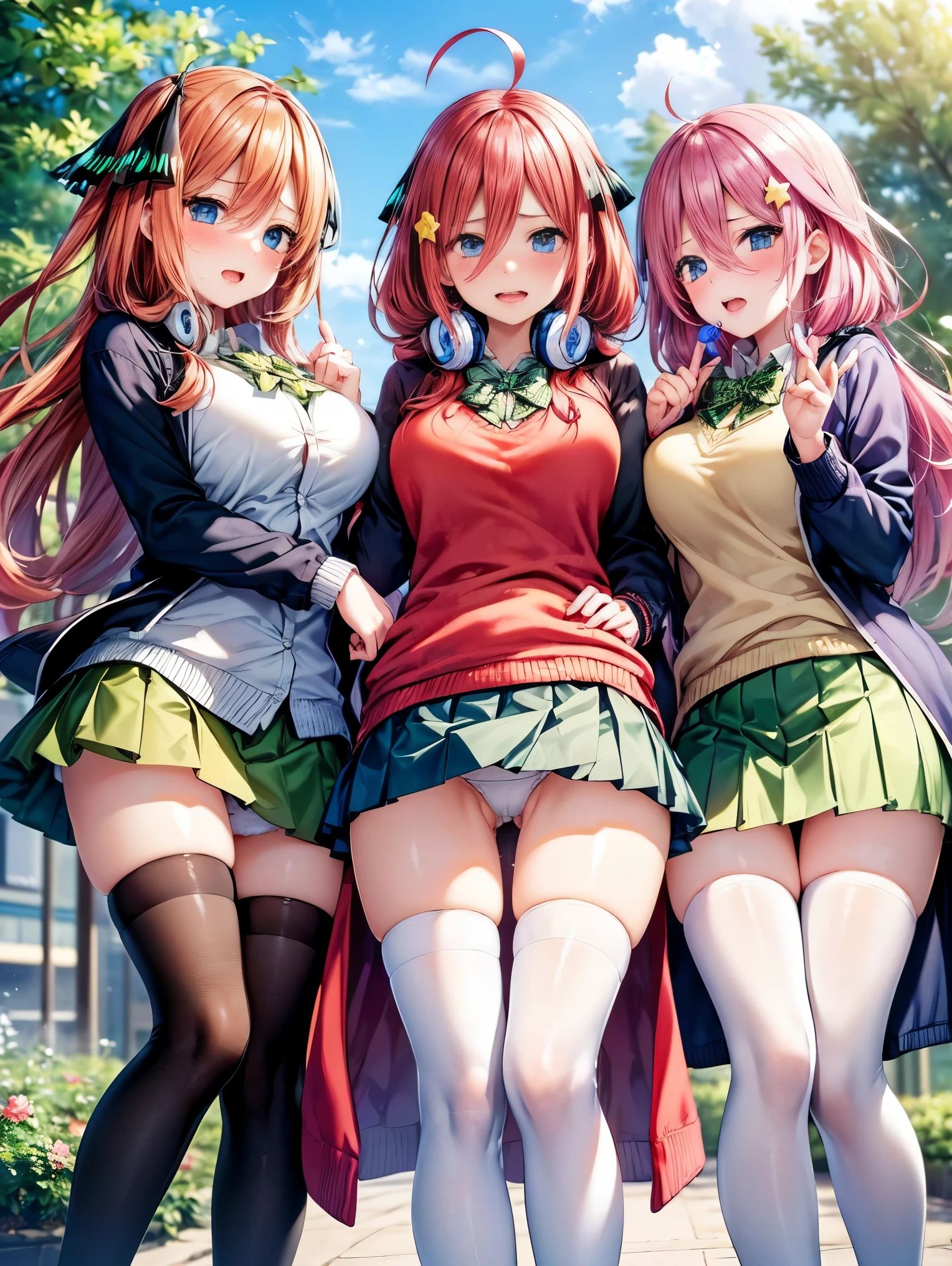 best quality,4girls,((big breasts:1.1)),orgasm,blush,angry,sweat,steam,((nakano nino, pink hair, butterfly hair ornament, black cardigan)) and
((nakano miku, brown hair, hair between eyes, blue cardigan, headphones)) and
((nakano yotsuba, orange hair, hair bow, green bowtie, yellow sweater)) and
((nakano itsuki, red hair, long hair, star hair ornament, ahoge, red sweater)),((school uniform, white shirt, green skirt, mini skirt, lift skirt, upskirt, white thighhighs,white panties,lace panties:1.1)),garden,walking,pussy juice