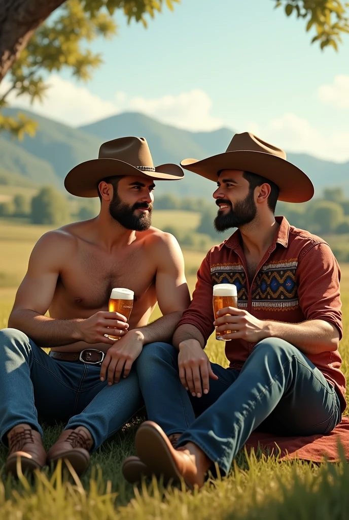 2 handsome cute attractive cowboy men sitting on a farm drinking beer one is younger without a beard without a shirt the other has a short beard and an arrayas shirt