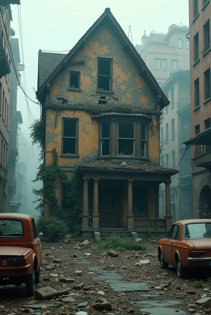 a damaged house from the apocalypse in a part of a city