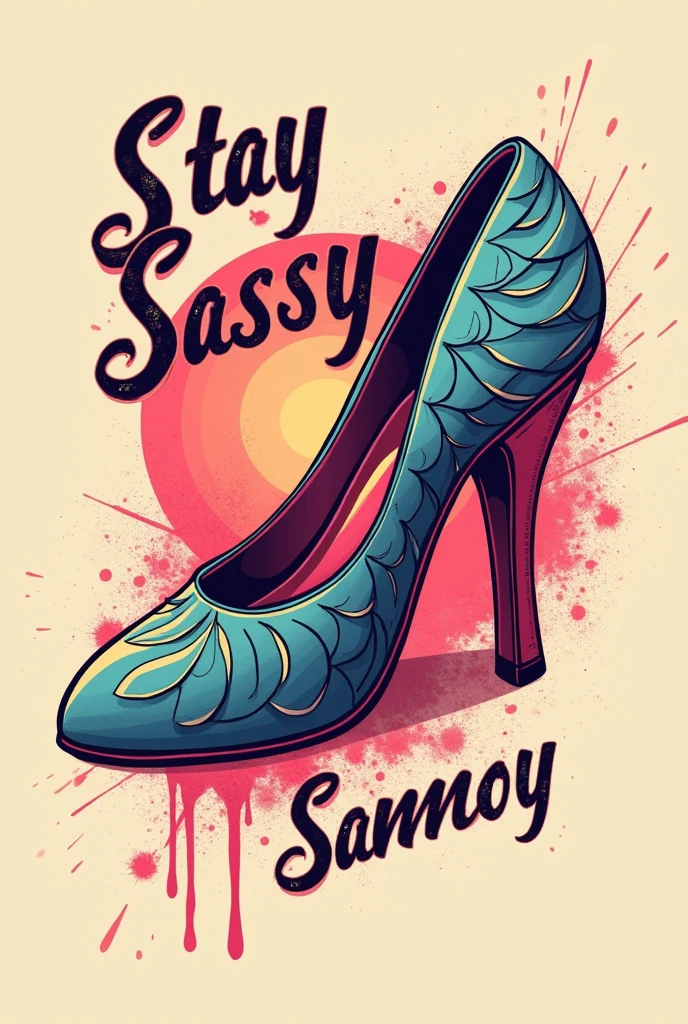 retro vintage logo of flamingo shoe, stay sassy printing style,out-zoom luminous,rainbow pastel,plain splatter,grunge --s 750,