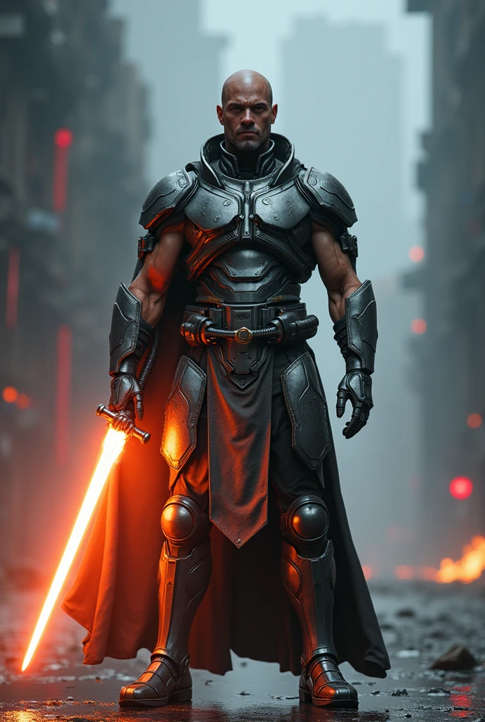cinematic, epic sci-fi scene, man in futuristic armor holding glowing energy sword, muscular frame, intense expression, powerful stance, advanced metallic cyberpunk-style armor, glowing energy sword, dramatic lighting, cinematic camera angle, hyper-detailed, photorealistic, 8k, highly detailed, intricate textures, volumetric lighting, dramatic shadows, vivid colors, dynamic composition, masterpiece