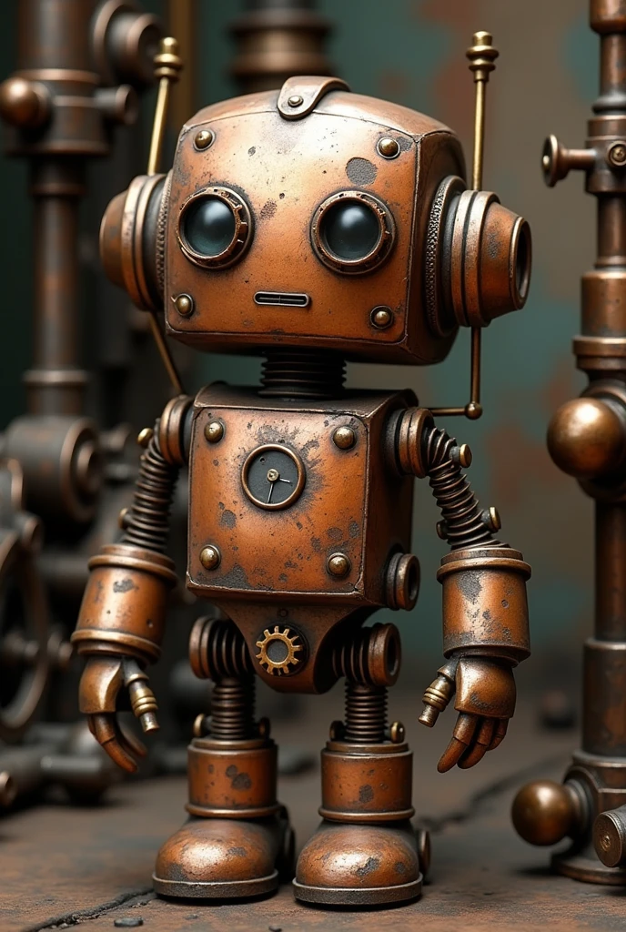 Average mechanical, engineering robot made of copper and brass. a little old. with rust. steampunk style
