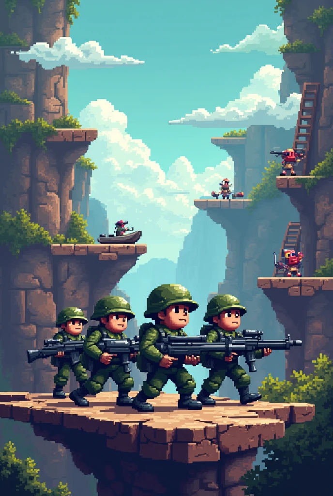 Create me a pixart image in the style of old platform games with soldier characters 