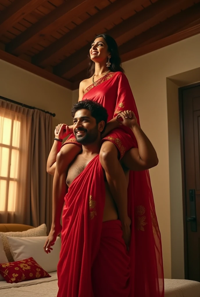 Beautiful and Slim Indian woman Ileana D'Cruz in red silk saree is lifting a large chubby man above her shoulders, man is sitting on woman's shoulders, natural smile, in a bedroom with high ceiling at night