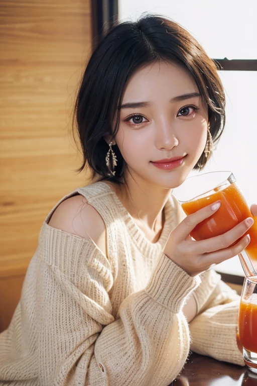 (2 pure Japanese girl,), (Small breasts:1.5,),(solo,,Textured skin, Detailed skin,Detailed face,Detailed eyes,detailed posing,Natural eyebrows,Sparkling Eyes,High detail, Highest quality, Super detailed, Surrealism, ,8k,RAW Photos,Photographicism,Professional Lighting,Ray Tracing,Portrait Photography,Soft Light),(((Black Hair, Natural Makeup,Simple earrings, short hair,Bell sleeve sweater,smile,Drinking tomato juice)))