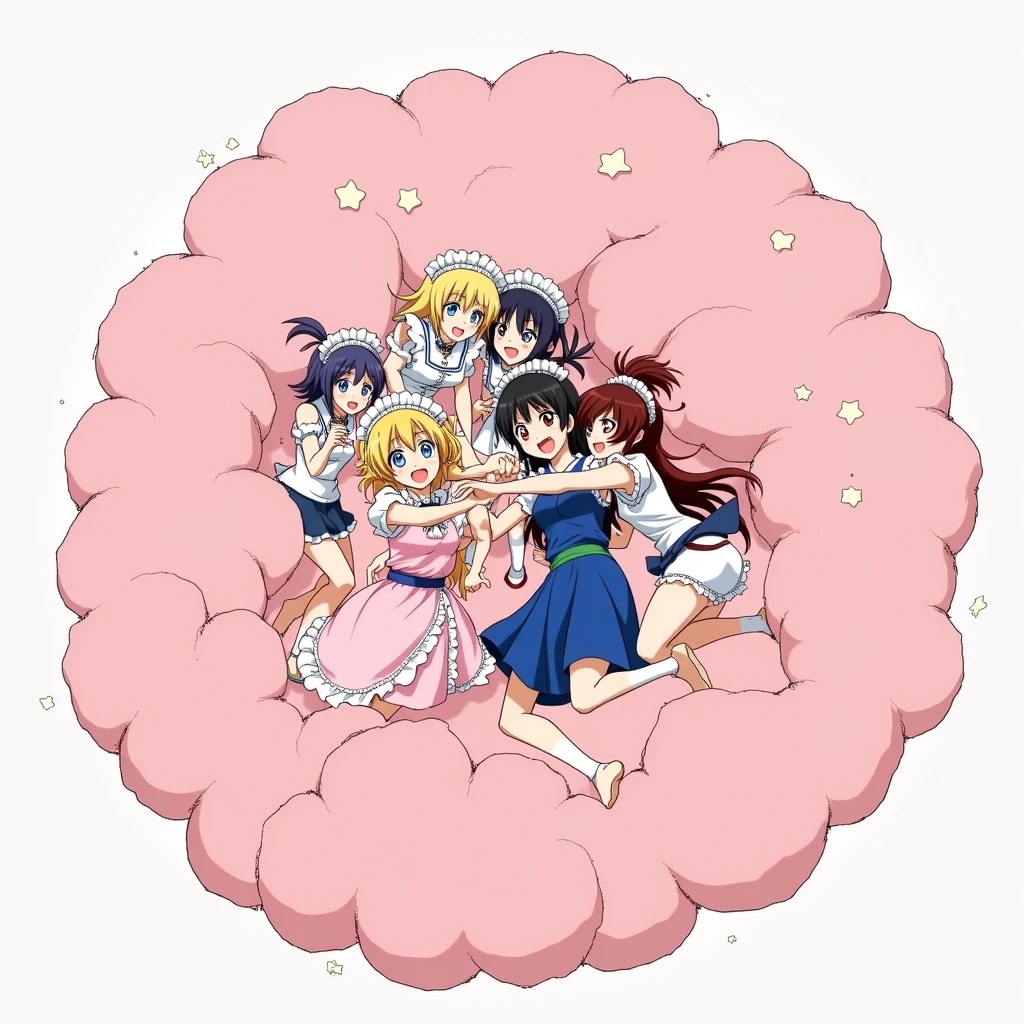 An anime-style illustration depicting many maids and many girls and princess and lady playfully wrestling with each other inside a pink comical fight cloud (dust cloud).
each girl and maid has different  colored hair: one princess with blonde braided and blue-eyes and pink-dress, and one lady with black long hiar and red-eyes and blue-sleeveless-kimono.
their faces,hands,and feet are visible emerging from the cloud as they tussle humorously,  with the rest of their bodies completely hidden inside the cloud.
the illustration emphasizes the humorous and energetic nature of their scuffle,with a fluffy  and exaggerated fight cloud.
