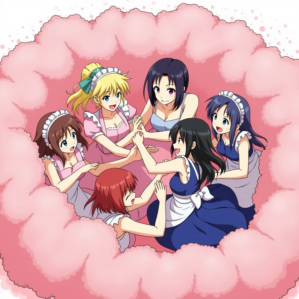 An anime-style illustration depicting many maids and many girls and princess and lady playfully wrestling with each other inside a pink comical fight cloud (dust cloud).
each girl and maid has different  colored hair: one princess with blonde braided and blue-eyes and pink-dress, and one lady with black long hiar and red-eyes and blue-sleeveless-kimono.
their faces,hands,and feet are visible emerging from the cloud as they tussle humorously,  with the rest of their bodies completely hidden inside the cloud.
the illustration emphasizes the humorous and energetic nature of their scuffle,with a fluffy  and exaggerated fight cloud.