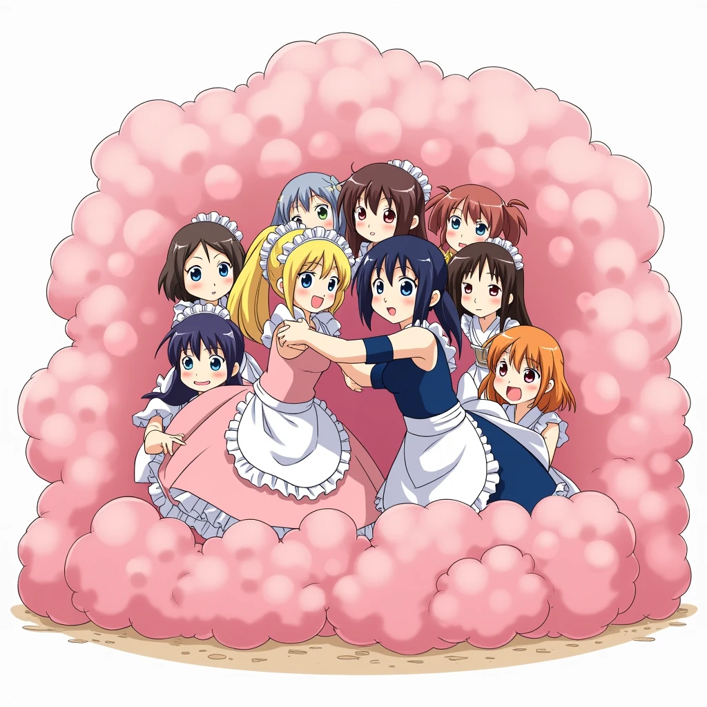 An anime-style illustration depicting many maids and many girls and princess and lady playfully wrestling with each other inside a pink comical fight cloud (dust cloud).
each girl and maid has different  colored hair: one princess with blonde braided and blue-eyes and pink-dress, and one lady with black long hiar and red-eyes and blue-sleeveless-kimono.
their faces,hands,and feet are visible emerging from the cloud as they tussle humorously,  with the rest of their bodies completely hidden inside the cloud.
the illustration emphasizes the humorous and energetic nature of their scuffle,with a fluffy  and exaggerated fight cloud.