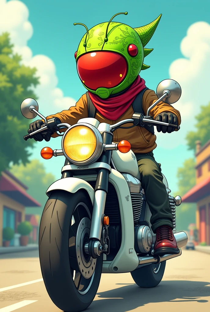 Biker with a helmet and grasshopper design, red scarf in 2D,green color,red helmet visor, white motorcycle, cartoon, anime