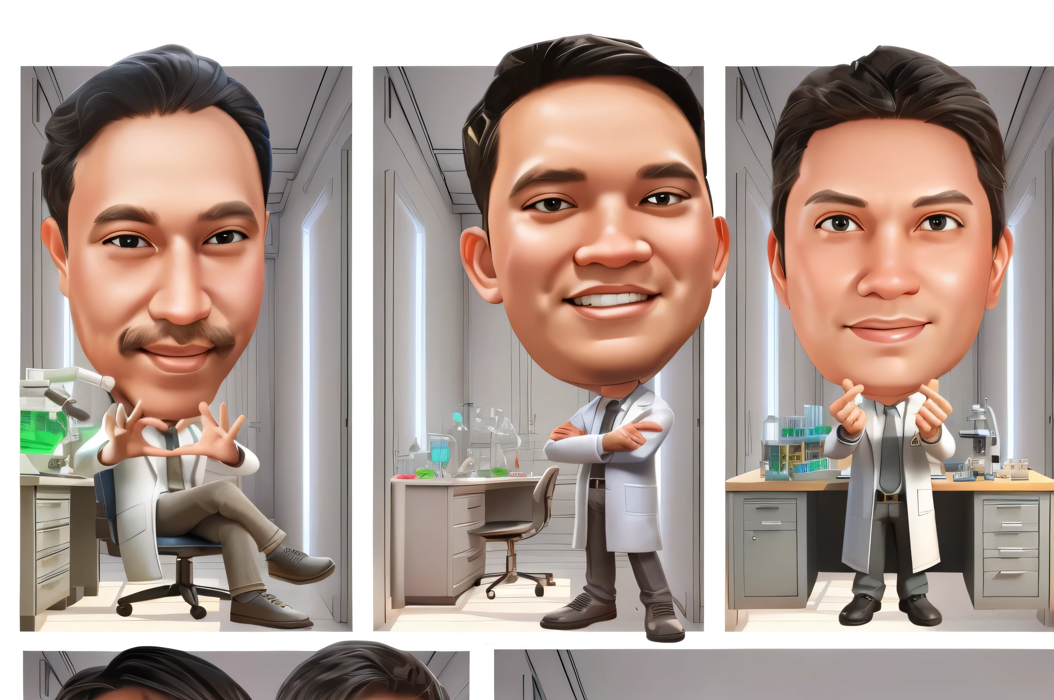 a couple of cartoon characters are standing in a lab, scientists, caricature illustration, cartoon art style, commercial illustration, cartoon style illustration, elite scientist, caricature style, cartoon artstyle, digital art cartoon, 3d illustration, 3 d illustration, cartoon digital painting, with fully detailed faces, clone laboratory, digital cartoon painting art, 8 k cartoon illustration, professional illustration, 3D render, 3D Cartoon, big head, cartoonish look, high resolution, super detail, soft lighting