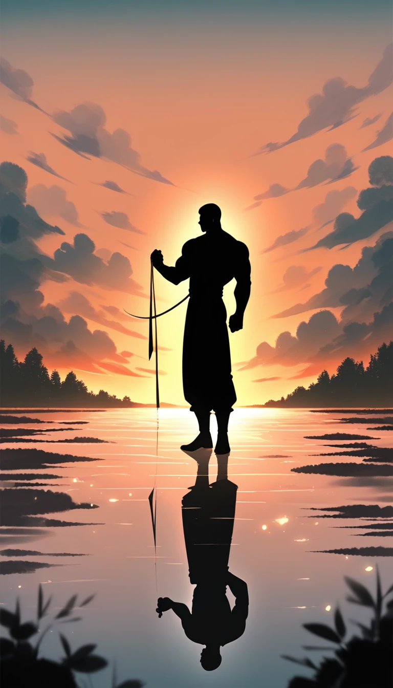 A Strong Buddhist muscular man stands in the smoke, Black jumpsuit, Very tight, Silhouette effect, Tall muscular man, Priapus, Dark Black, Dark black skin, Buzz Cut, His muscles are very developed, Very tall, short hair, Blend into the smoke, Lake, Reflection, Sunset, Sunset, Man silhouette, Chinese, black and white, Simple style