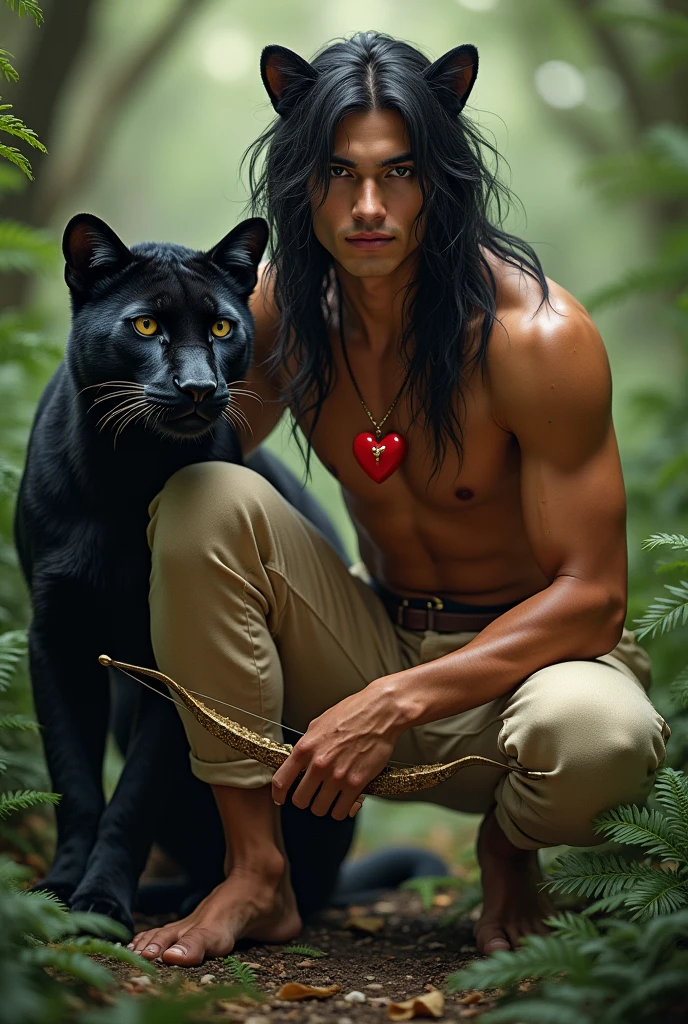 A handsome young man with black hair down to his knees. He has very masculine features and tanned skin.. He is very handsome and young.. He is shirtless. His upper body is human., and the lower part of the faun&#39;s body. Beige fur faun legs, Fluffy. He has panther ears.. He has a red heart pendant on his chest. He squats in a thicket of ferns and shoots from a golden bow.. Next to him is a kind black panther.