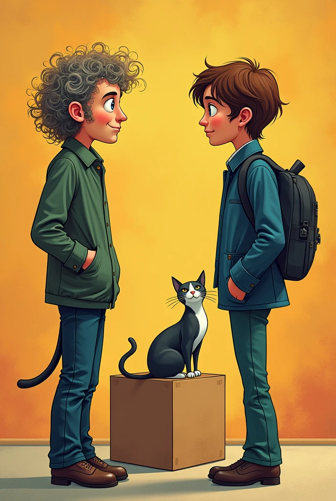 create a 2D image where a young richard feynman and a jhon lenonn with curly hair are, in the middle of the page put a blank box and in the background place an image of schrödinger's cat paradox