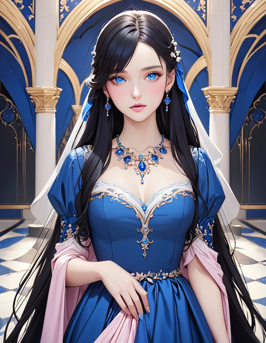 Beautiful woman with very long black hair, side-swept bangs, sparkling blue eyes, light pink lips, fair skin. Elegant but modest renaissance dress and a simple tear-drop shaped blue necklace.