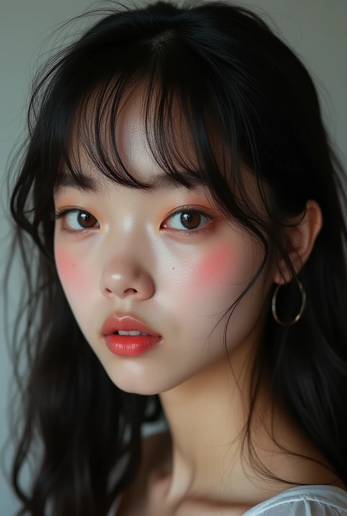 1 light-skinned girl, young man, Asian with slanted eyes, extremely beautiful, unique beauty, extravagant look, rosy cheeks, big mouth, fleshy and pink, aegyo sal, beautiful ears, small and round nose, long black silky hair, fringe, big eyelashes, curved and beautiful, sensual vibe, nova, beautiful face, straight posture, spots on the cheek, on the chin near the mouth and on the nose, extremely realistic image, 8 k quality