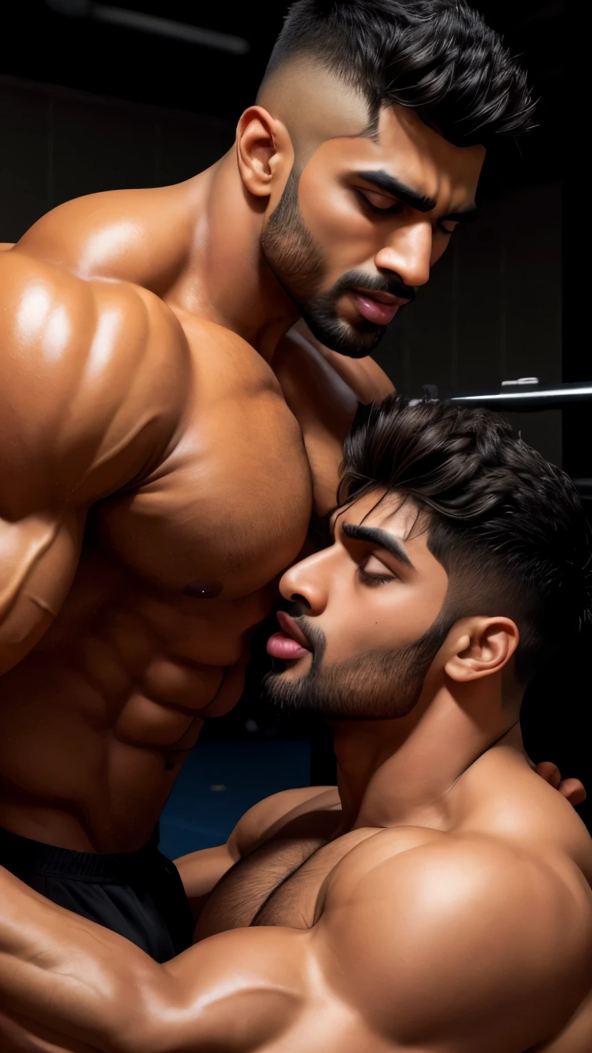 two indian muscular men doing hot body playing couple entwined with Pain is raging on the face, and making aggressive face expressions, musclebound and hulking, muscular bodies, large muscles, very beautiful body playing, seductive body playing, erotic, exotic moments, gay penis licking, hot body playing poses