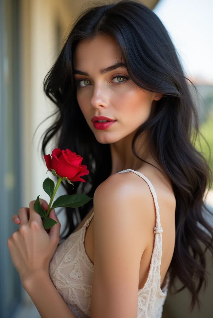 Feminine and elegant Russian model. Black hair. Age 20 years. Light green eyes. Perverted eyes looking at the camera. Beautiful, healthy and nourished hair. Long and wavy hair. Very pale (white) skin. Brown eyebrows. Slim and small model body. Feminine and delicate face. Small, upturned nose (perfect). Lips with red lipstick. Natural, long and beautiful eyelashes.
Thin and elongated face. Chin slightly divided. Beautiful white dress. Russian girl. He has a perfect body, without physical anomalies. Symmetrical face. Professional image on a balcony in France. Full body image. The whole body. Total appreciation of the delicate and very thin female body.
Holding a rose with his hand (he has five fingers on each hand)