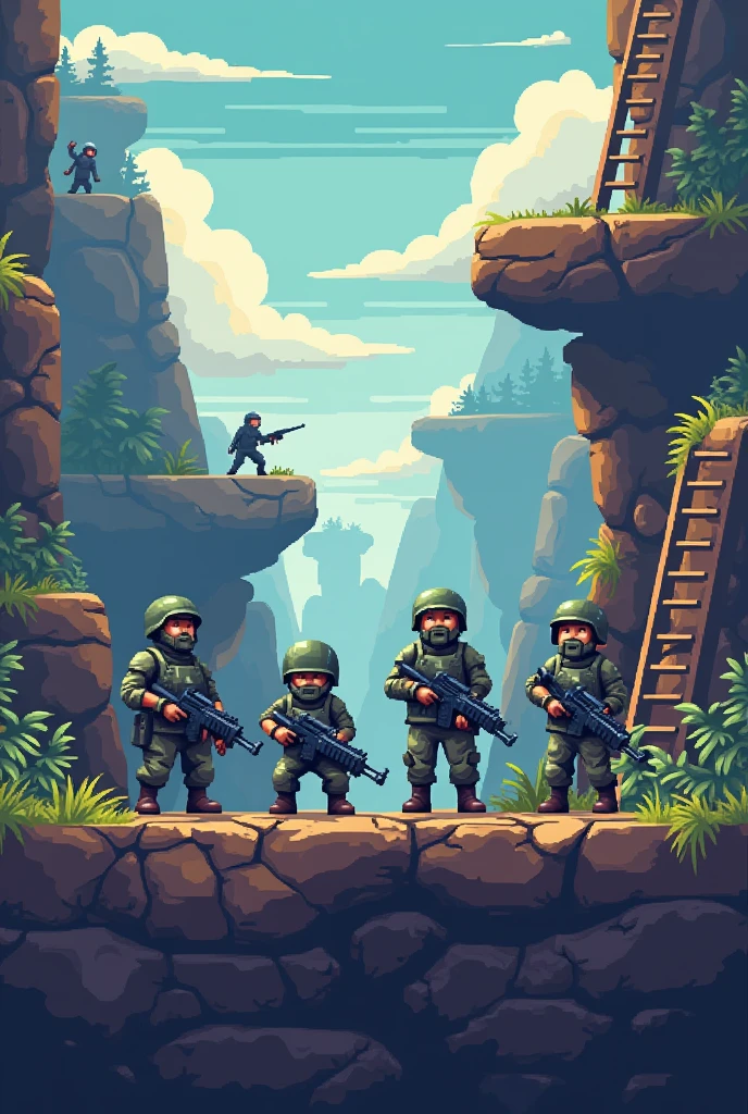 Create me a pixart image in the style of old platform games with soldier characters