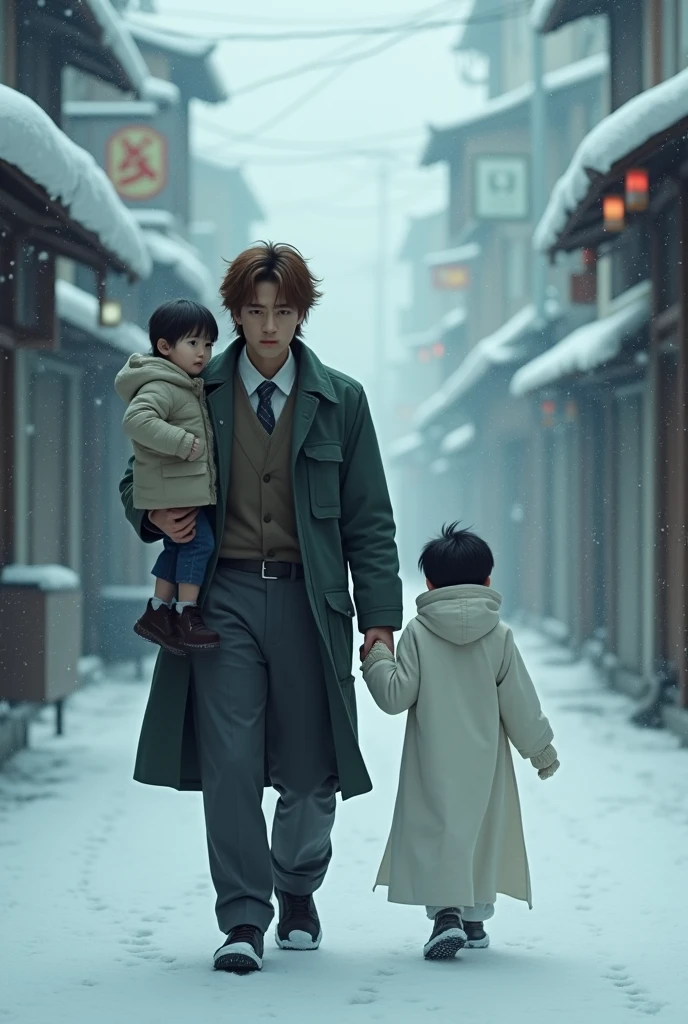 A boy walking through the streets of Korea on a snowy night and next to him a spirit of a boy, both adults, the living man carrying a child in his left hand and who has brown hair and the spirit of the man on his right side with his back turned and the spirit is a handsome man 