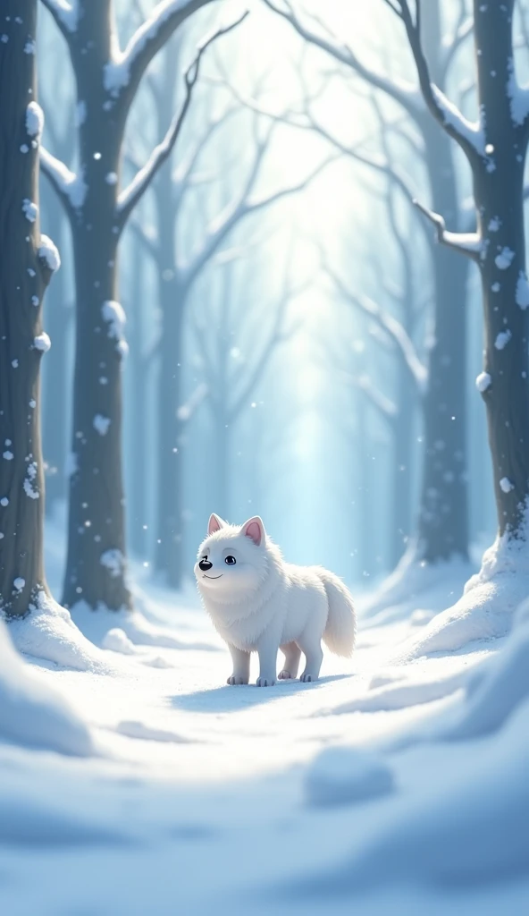 Cartoon anime 3D characters of A serene winter forest with tall, snow-covered trees. The ground is blanketed in snow, and everything is peaceful and still. In the distance, the figure of a cute young white wolf can be seen exploring the landscape.