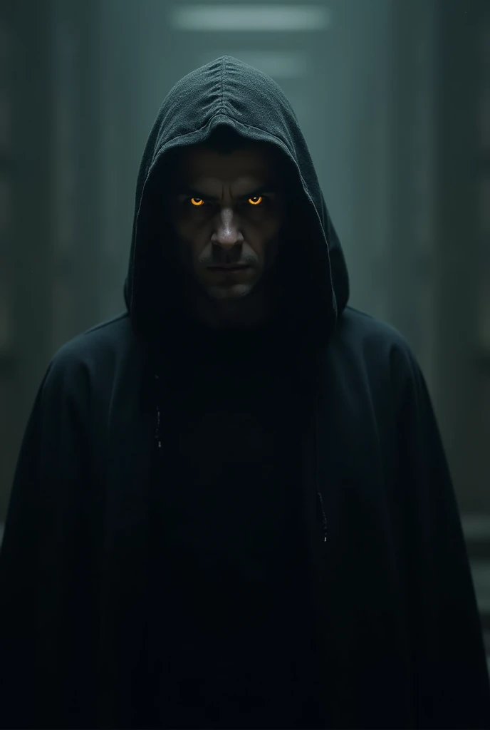 Man with a black hood and very bright yellow eyes