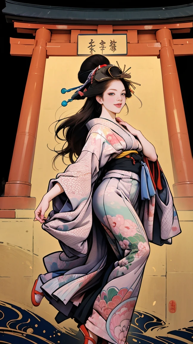 (SeaArt、I create amazing digital illustrations of beautiful women in kimonos)、Beautiful woman smiling and showing her upper white teeth、Vividly colored Ukiyo-e style illustrations、Brown-black long hair、Beautiful full body style、If you want to dance, Dance to the Tokyo Ondo, Good good、Beautiful new digital paintings,、 Bright and vibrant digital anime art、Beautiful anime portraits、The background is the torii gate of a Japanese shrine..、Detailed digital anime art、