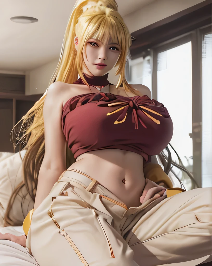 realistic, 1girls, Lalatina (konosuba), best quality, 12k, HD, long hair, big round breasts, cleavage, ponytail, necklace, jewelry, shorts, slim hips, hair band, yellow eyes, yellow hair, super detailed, Eye details , hair details, person details, mouth details, face details, breast details, clothes details, hair details, pants details, hand details, whole body