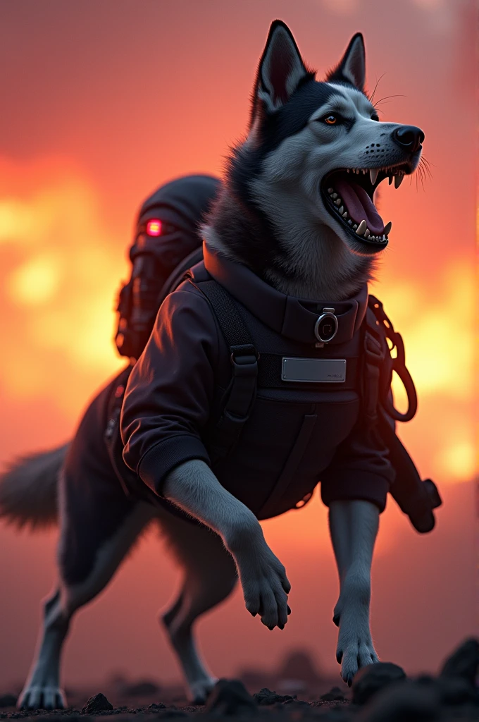 A fire dog with black jacket roaring in white aluminium costume with his partner at sunset 