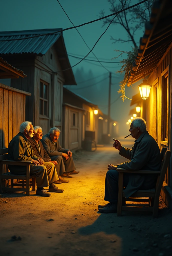 Village, dirt roads, rural setting, at night, old houses, worn appearance, elderly people sitting outside smoking cigars, elderly people looking at a screen, yellow lights, ultra-realistic wooden fences.