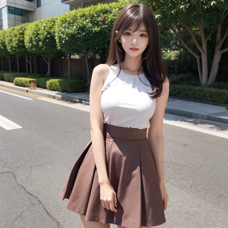laughing out loud，(knee shot), 1 girl, On the face, light brown hair, blunt bangs, hair behind ears, Hair over the shoulders, long hair, Slender body type, Super thin face, face slimming, delicate lips, beautiful eyes, Thin blush, Eyes are light brown,Check it out here, (realistic:1.3), Standing next to a Japanese street, 8k, , Super detailed, high quality, best quality, High resolution, ，Large Breasts，H CUP, 3,  color：

連身裙的color為鮮豔的黃色，這種color給人一種活潑、sunny feeling，Very suitable for spring and summer seasons。
Skirt type：

This dress has a sleeveless design，showing her shoulders and arms，Adds youthful atmosphere。
The skirt is cut in an A-line shape，Expand downward from below the chest，Creates an elegant skirt，Enhanced sense of flow。
Material：

雖然無法確定具體Material，But the skirt looks light and soft，May be cotton or polyester，Suitable for wearing in warm weather。
Detailed design：

Skirts may have ruffles or layers，Such details add dimension and richness to the skirt。
The overall shape is simple yet elegant，Suitable for many occasions。