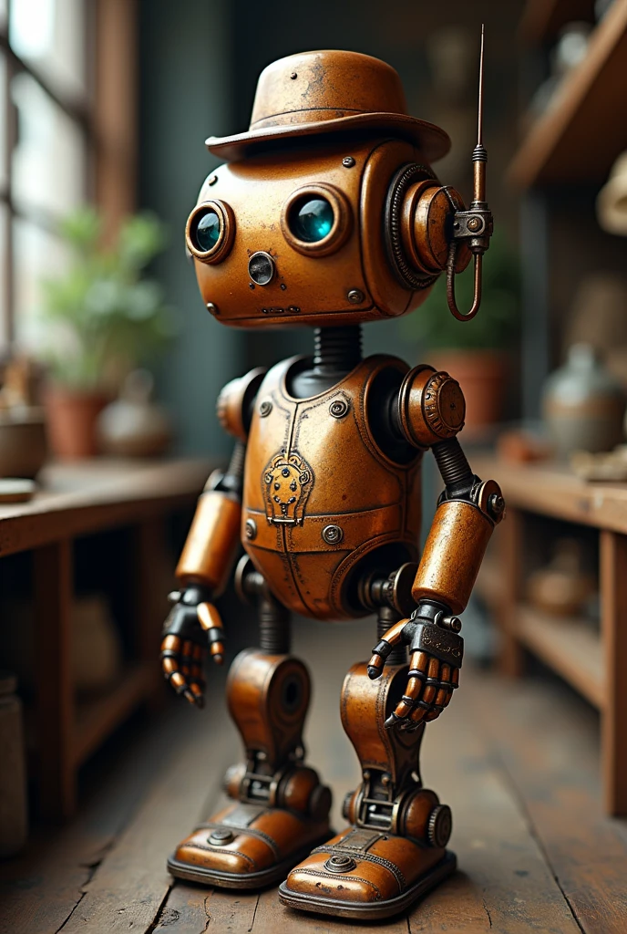 slightly above average mechanical, engineering robot made of copper and brass. a little old. with rust. steampunk style cute