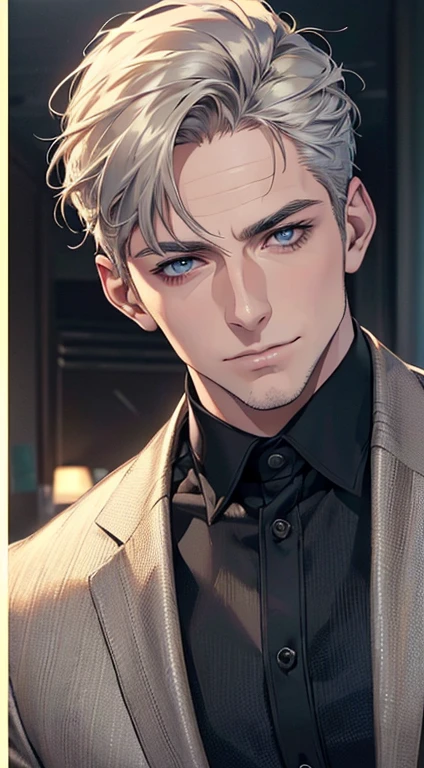 (best quality,4k,8k,highres,masterpiece:1.2),ultra-detailed,(realistic,photorealistic,photo-realistic:1.37),1 man,3,mature man,very handsome,without expression,smile,short grey golden hair,blue eyes,penetrating gaze,perfect face without errors,imposing posture,businessman,office background,cinematic lighting,hdr image