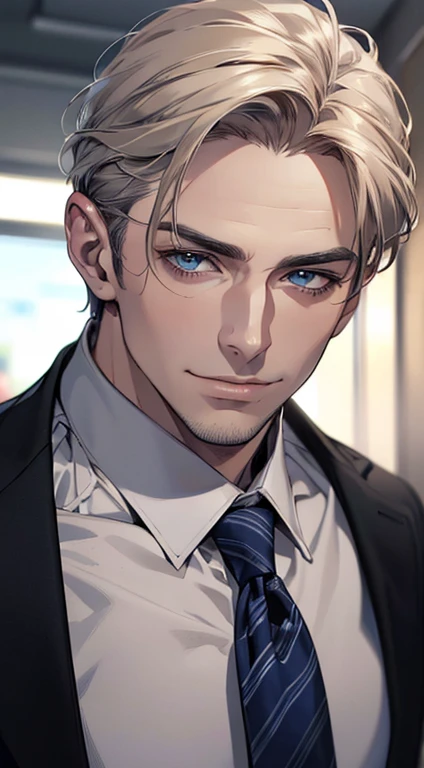 (best quality,4k,8k,highres,masterpiece:1.2),ultra-detailed,(realistic,photorealistic,photo-realistic:1.37),1 man,3,mature man,very handsome,without expression,smile,short grey golden hair,blue eyes,penetrating gaze,perfect face without errors,imposing posture,businessman,office background,cinematic lighting,hdr image