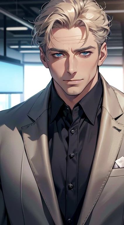 (best quality,4k,8k,highres,masterpiece:1.2),ultra-detailed,(realistic,photorealistic,photo-realistic:1.37),1 man,3,mature man,very handsome,without expression,smile,short grey golden hair,blue eyes,penetrating gaze,perfect face without errors,imposing posture,businessman,office background,cinematic lighting,hdr image