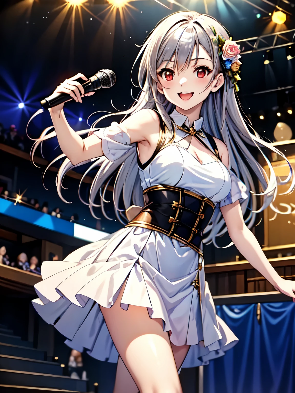 masterpiece, Highest quality:1.2, 1. One person、One personで,With them.Inglis.Eucus,Red eyes,Silver Hair、beautiful charming eyes、garden、(Idol Costumes、dress:1.2), stage、Microphone in hand、 live, sing,Holding a microphone、Like a lift-up、(dance:1.3)、smile