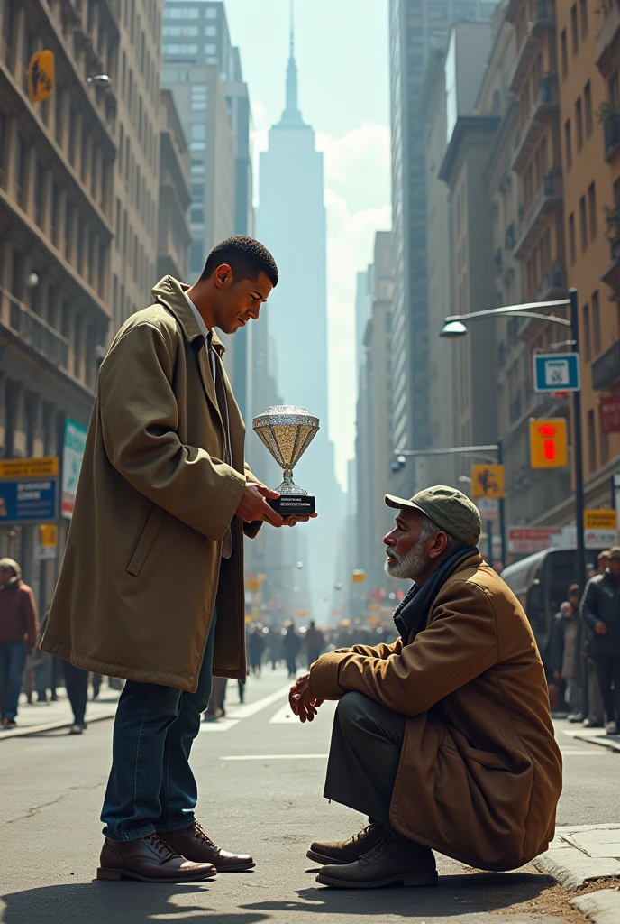 Cristiano Ronaldo giving his diamond youtube button to a beggar on the street