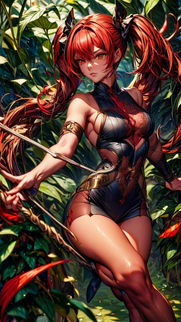 (detailed background,dark fantasy),(beautiful detailed face),(1 girl,solo,red hair,sharp face,low twintails,golden eyes,hair between eyes,dynamic angle),full body,bow,archer,flying arrows,genshin impact,Yoimiya