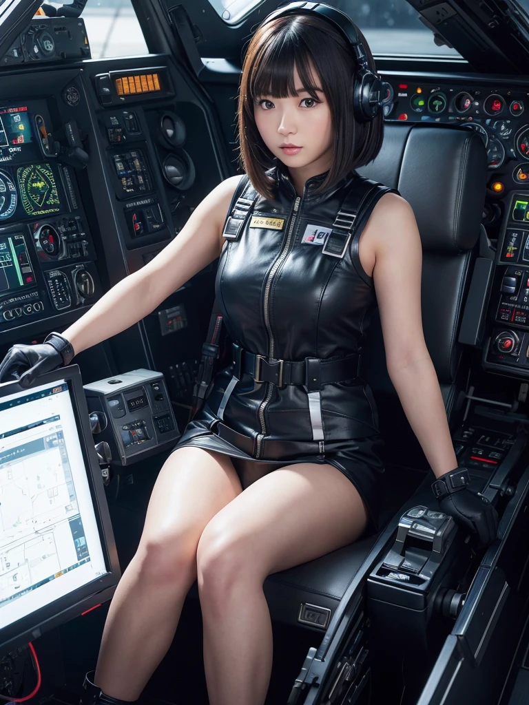 masterpiece, Highest quality, Very detailed, Japanese Android girl,Plump,Slightly thicker,Control panel,Android,cyborg,Blunt bangs,sitting in the cockpit of a fighter jet,Black combat uniform,Harness Belt,Helmet