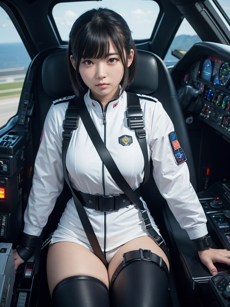 masterpiece, Highest quality, Very detailed, Japanese Android girl,Plump,Slightly thicker,Control panel,Android,cyborg,Blunt bangs,sitting in the cockpit of a fighter jet,Black combat uniform,Harness Belt,Helmet