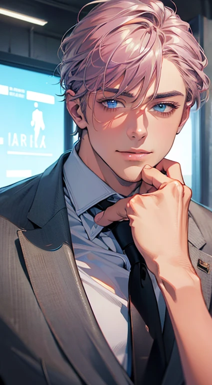 (Highest quality,4K,8K,High resolution,masterpiece:1.2),Super detailed,(Realistic,photoRealistic,photo-Realistic:1.37),1 personld,Mature Men,Beautiful skin、very handsome,Expressionless,smile,Short gray pink hair,blue eyes,Sharp Eyes,A perfect face without a doubt,Businessman,Office Background,Cinema Lighting,HDR image,tie、