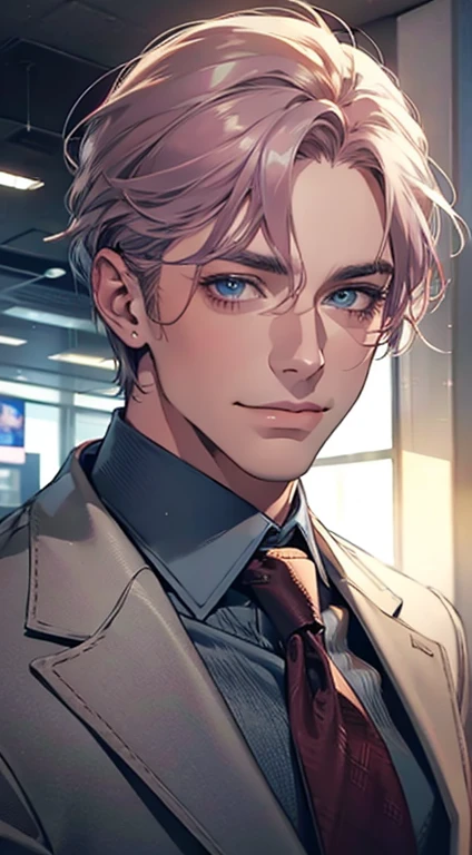 (Highest quality,4K,8K,High resolution,masterpiece:1.2),Super detailed,(Realistic,photoRealistic,photo-Realistic:1.37),1 personld,Mature Men,Beautiful skin、very handsome,Expressionless,smile,Short gray pink hair,blue eyes,Sharp Eyes,A perfect face without a doubt,Businessman,Office Background,Cinema Lighting,HDR image,tie、