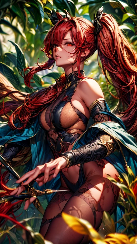 (detailed background,dark fantasy),(beautiful detailed face),(1 girl,solo,red hair,sharp face,low twintails,golden eyes,hair between eyes,dynamic angle),full body,bow,archer,flying arrows,genshin impact,Yoimiya