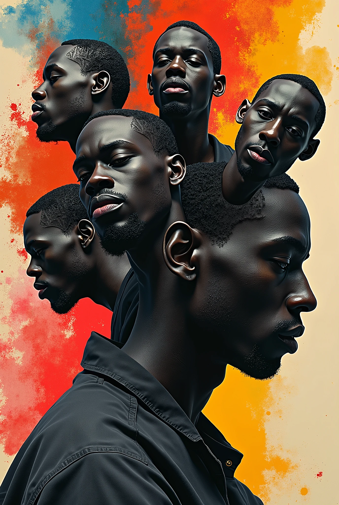 Expressionist artwork images of multiple floating heads of black men, 3d collage style, make it weird and gallery worthy