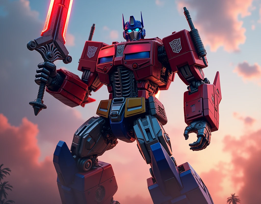 1boy, Optimus Prime, Transformers, powerful robotic armor, energon-powered sword, glowing energon blade, dramatic lighting, cinematic composition, epic battle pose, detailed machinery and gears, intricate mechanical design, metallic surfaces, realistic rendering, highly detailed, cinematic lighting, dramatic shadows, vibrant colors, HDR, 8K, (best quality,4k,8k,highres,masterpiece:1.2),ultra-detailed,(realistic,photorealistic,photo-realistic:1.37)