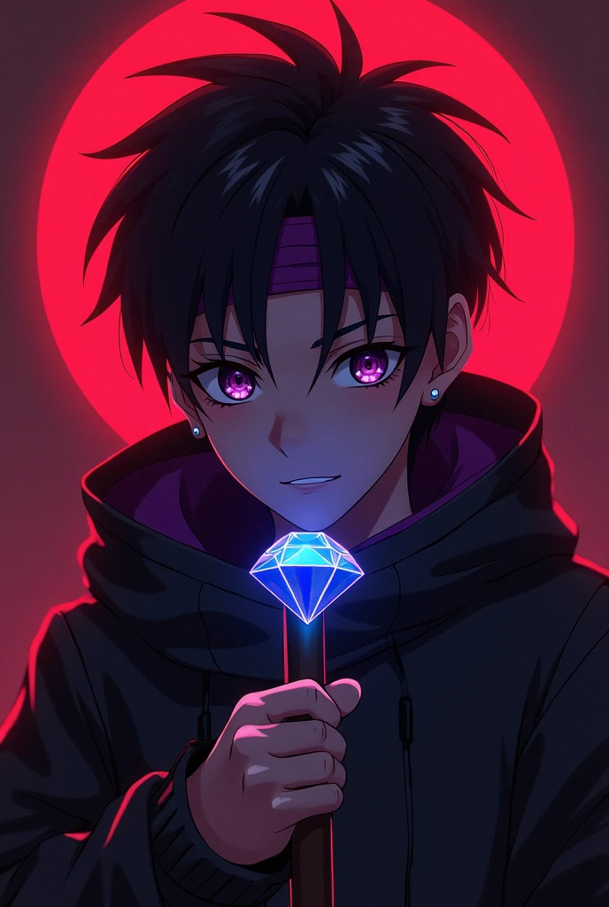 a young anime boy with purple headband, deadly aura, hyperrealistic, detailed face, beautiful eyes, striking expression, dark clothing, mysterious background, cinematic lighting, dramatic shadows, digital painting, concept art style, vibrant colors, moody atmosphere, fantasy theme. age must be like 25 and there must be a minecraft diamond axe in the back also make the background theme red . charecter must not be realistic where is the axe. axe must be visible. it must be aminecraft axe. the diamond minecraft must be visible. make the axe look its on his hand but a little.