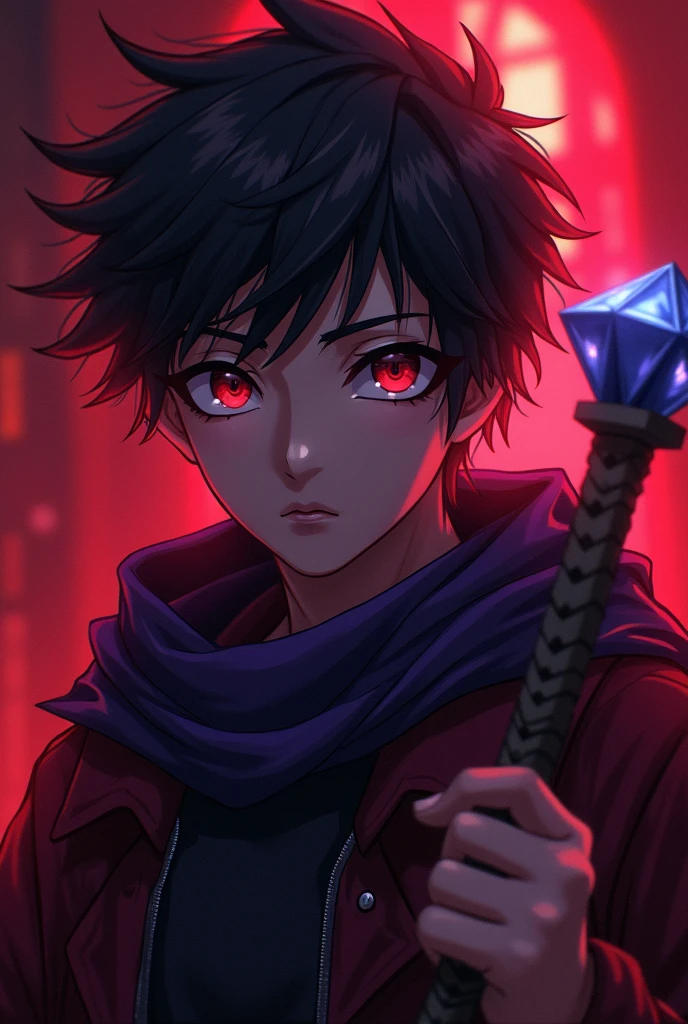 a young anime boy with purple headband, deadly aura, hyperrealistic, detailed face, beautiful eyes, striking expression, dark clothing, mysterious background, cinematic lighting, dramatic shadows, digital painting, concept art style, vibrant colors, moody atmosphere, fantasy theme. age must be like 25 and there must be a minecraft diamond axe in the back also make the background theme red . charecter must not be realistic where is the axe. axe must be visible. it must be aminecraft axe. the diamond minecraft must be visible. make the axe look its on his hand but a little.