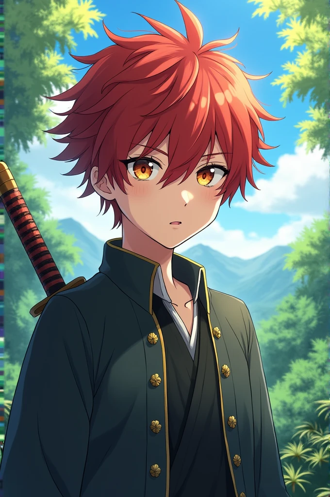 Create a male Oc who is the son of Tanjiro Kamado and Kanao Tsuyuri from the anime Kimetsu no Yaiba who has the same hair color as Tanjiro and the same eye color as Kanao in the anime