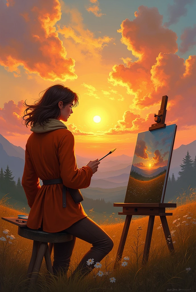 Create a masterpiece,Chico,Brown hair,orange coat, watching the sunrise,drawing