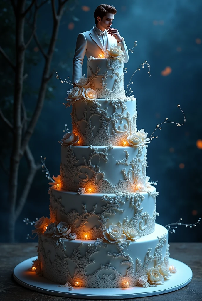 Create a Twilight Themed Cake, where is Edward shining, he is beautiful getting married, the scene of him putting his hand on his nose and writing on the sides team Edward or team jacob
